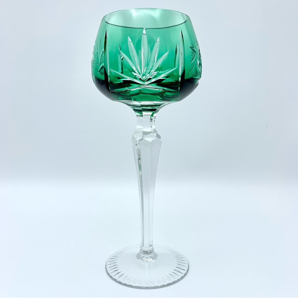 ‼️PENDING‼️Vintage Emerald Green Cut to Clear Crystal Wine Hock Glass Bohemian - Picture 9 of 15